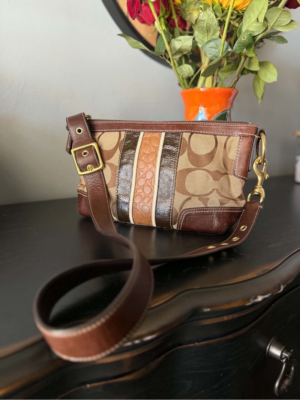 Coach Brown and Tan Signature Stripe Crossbody Bag